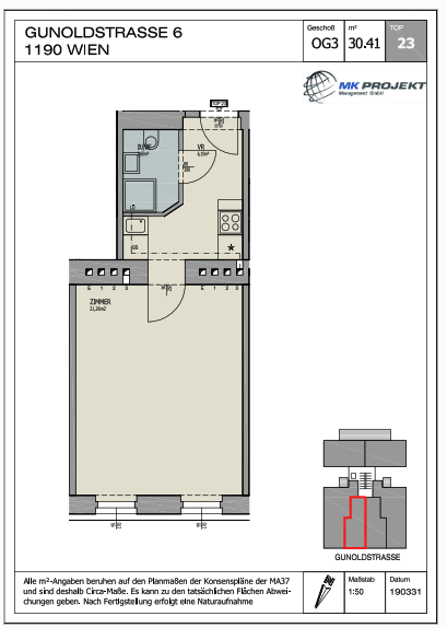 Wohnung zum Kauf 200.706 € 1 Zimmer 30,4 m²<br/>Wohnfläche 3.<br/>Geschoss Wien 1190