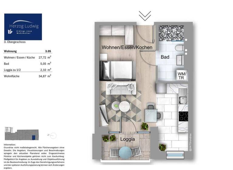 Studio zum Kauf provisionsfrei 312.900 € 1 Zimmer 34,9 m² 3. Geschoss Erding 85435