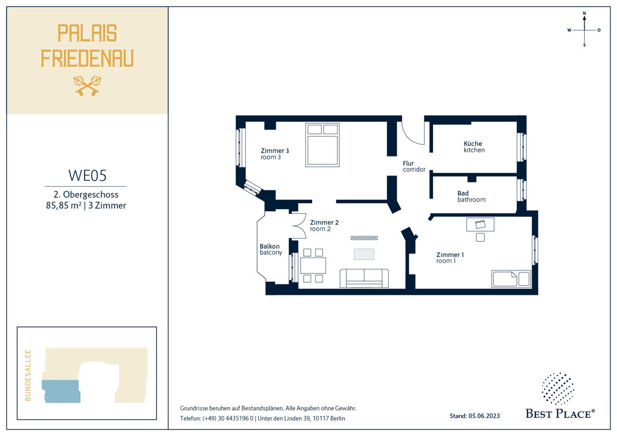 Wohnung zum Kauf provisionsfrei 408.000 € 3 Zimmer 85,9 m²<br/>Wohnfläche 2.<br/>Geschoss Bundesallee 111 Friedenau Berlin 12161