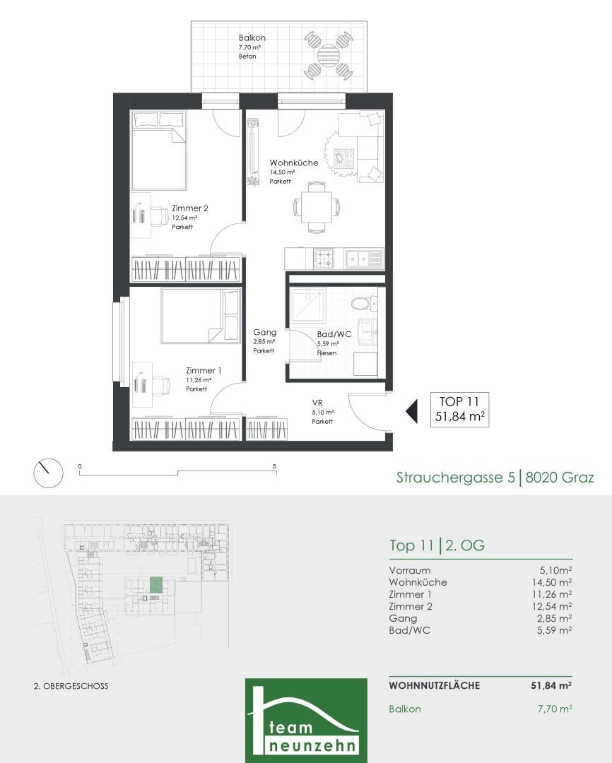 Wohnung zur Miete 633 € 1 Zimmer 51,8 m²<br/>Wohnfläche 2.<br/>Geschoss Strauchergasse 5 Lend Graz 8020