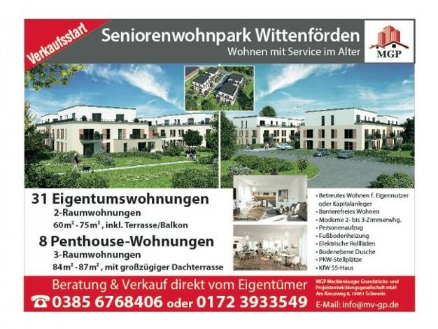 Wohnung zum Kauf - Erstbezug provisionsfrei 219.000 € 2 Zimmer 75 m² 1. Geschoss Schulstraße 2 Wittenförden Wittenförden 19073