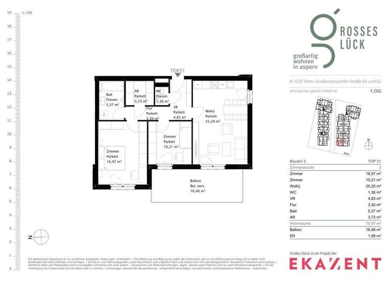 Wohnung zur Miete 1.020 € 3 Zimmer 71 m² 1. Geschoss Wien 1220