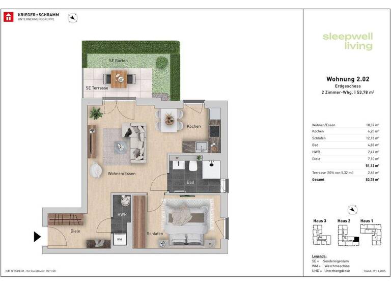 Wohnung zum Kauf - Neubau 384.800 € 2 Zimmer 53,8 m² EG Schulstraße 29-31 Hattersheim Hattersheim am Main 65795