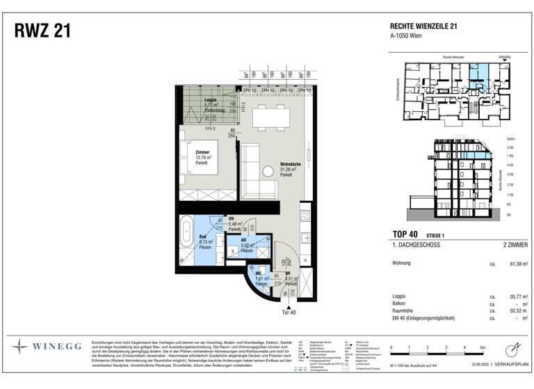 Wohnung zum Kauf - Erstbezug 990.000 € 2 Zimmer 61,4 m² 4. Geschoss Rechte Wienzeile 21 Wien 1040