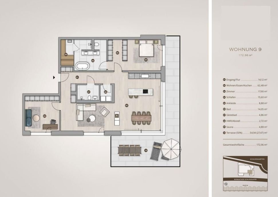 Terrassenwohnung zum Kauf provisionsfrei 2.699.000 € 3 Zimmer 173 m²<br/>Wohnfläche 1.<br/>Geschoss Benrath Düsseldorf 40597