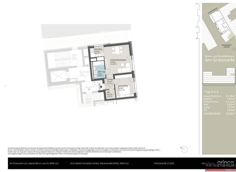 Wohnung zum Kauf - Erstbezug 328.835 € 2,5 Zimmer 49,9 m² 4. Geschoss Kaarstraße 11 und 13 Urfahr Linz 4040