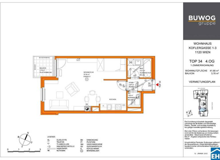 Studio zur Miete 601 € 1 Zimmer 41,7 m² 4. Geschoss frei ab 15.03.2026 Koflergasse Wien 1120