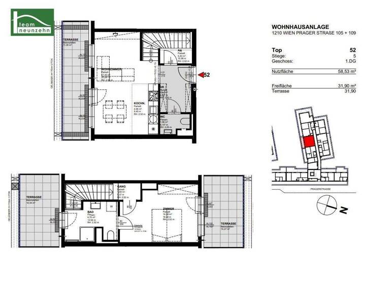 Wohnung zur Miete 924 € 2 Zimmer 58,5 m² 5. Geschoss frei ab 01.03.2026 Prager Straße 105 + 109 Wien 1210