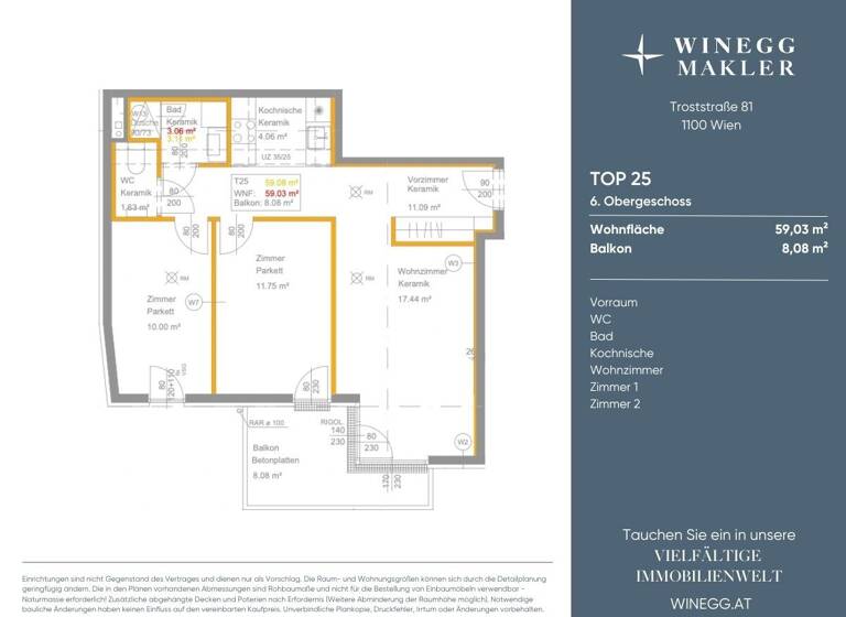 Wohnung zur Miete - Erstbezug 1.122 € 3 Zimmer 59 m² 6. Geschoss Troststraße 81 Wien 1100