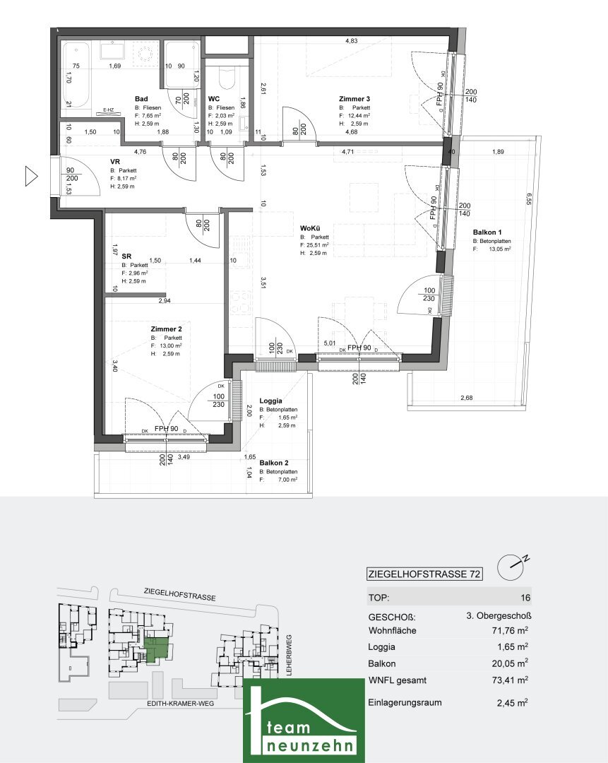 Wohnung zum Kauf provisionsfrei 422.607 € 3 Zimmer 71 m²<br/>Wohnfläche 3.<br/>Geschoss Ziegelhofstraße 72 Wien 1220