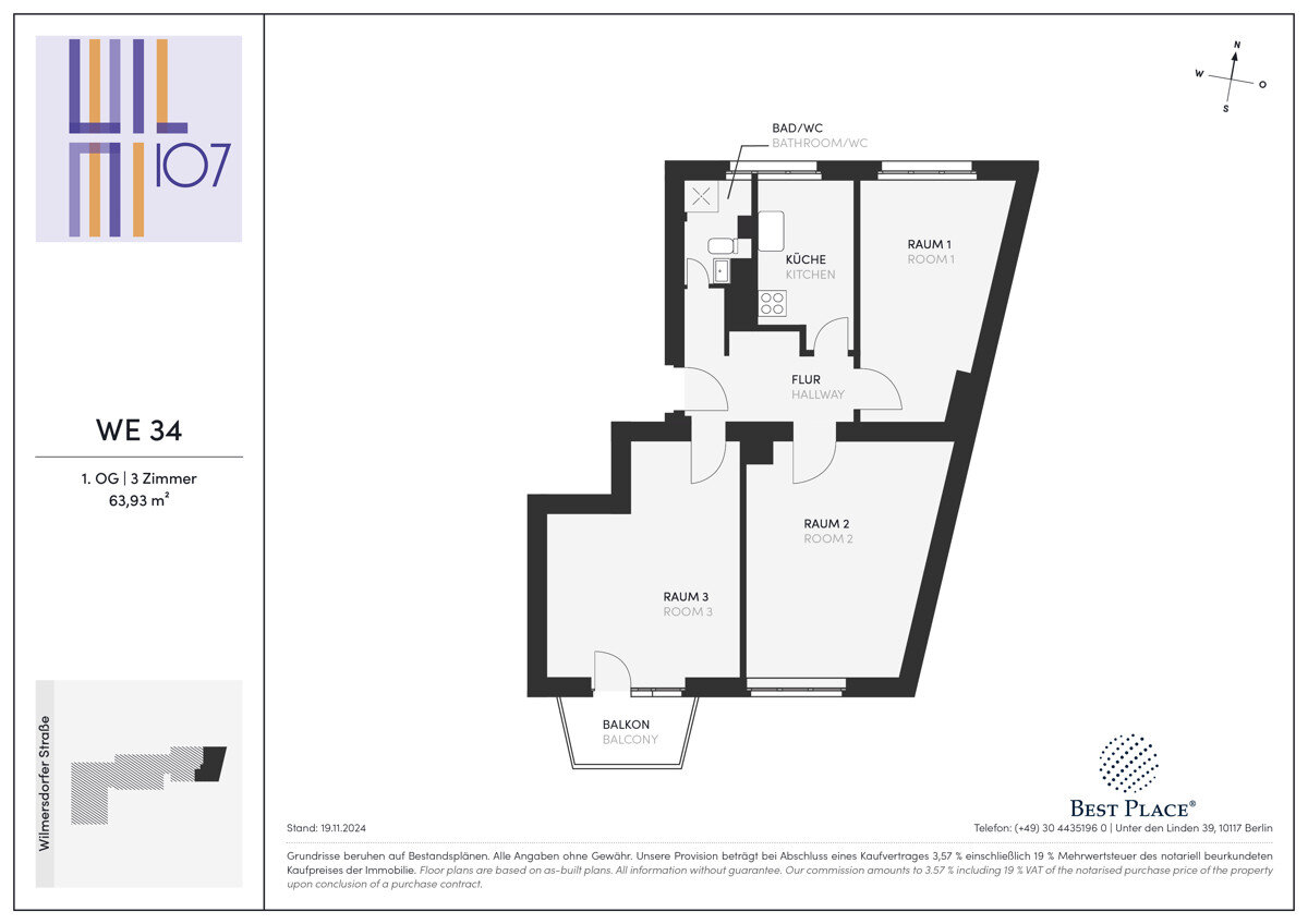 Wohnung zum Kauf 408.000 € 3 Zimmer 63,9 m²<br/>Wohnfläche 1.<br/>Geschoss Wilmersdorfer Straße 107c Charlottenburg Berlin 10629