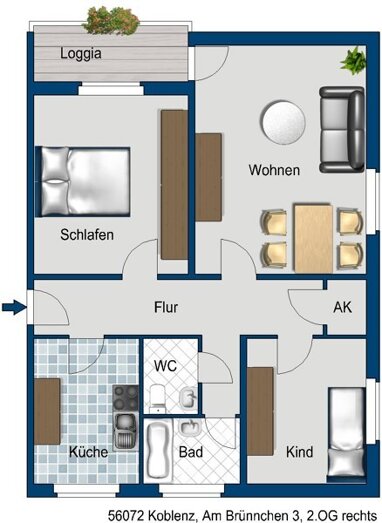 Wohnung zur Miete 662,44 € 3 Zimmer 69,7 m² 2. Geschoss frei ab 28.09.2024 Am Brünnchen 3 Metternich 9 Koblenz 56072