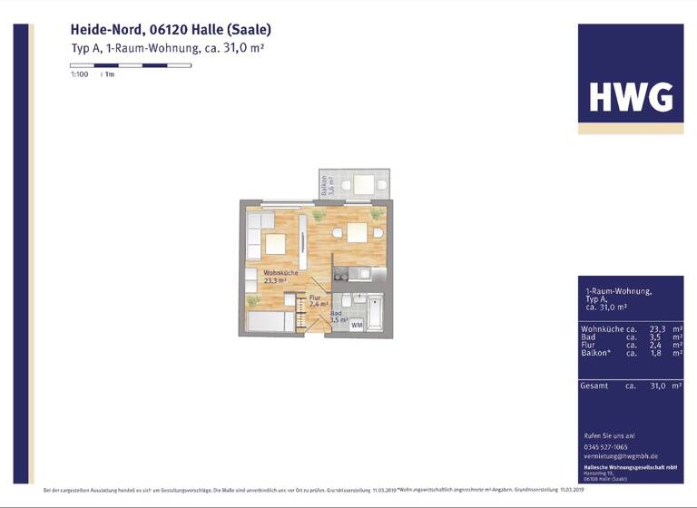 Studio zur Miete 258 € 1 Zimmer 32,2 m² 5. Geschoss Blumenauweg 34 Heide Nord Halle 06120