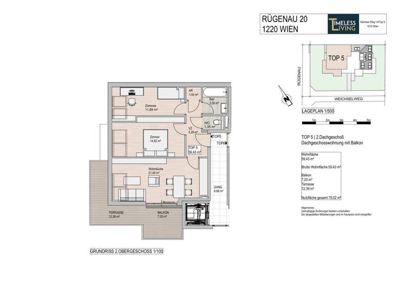 Terrassenwohnung zum Kauf - Erstbezug 498.000 € 3 Zimmer 59 m² Rügenau 20 Wien 1220