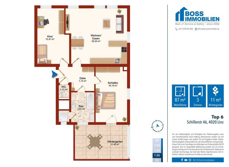 Wohnung zur Miete 850 € 3 Zimmer 87,1 m² 1. Geschoss Schillerstraße 46 Linz 4020