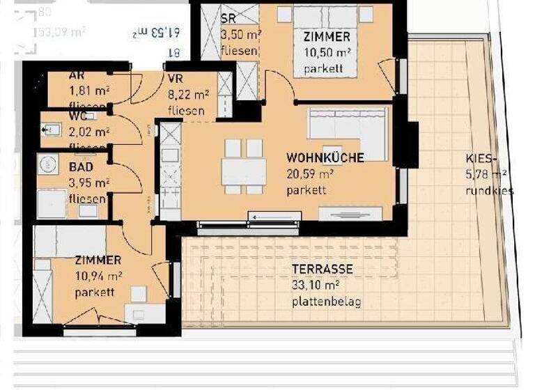 Terrassenwohnung zum Kauf - Erstbezug 495.000 € 3 Zimmer 61,5 m² Wien 1110