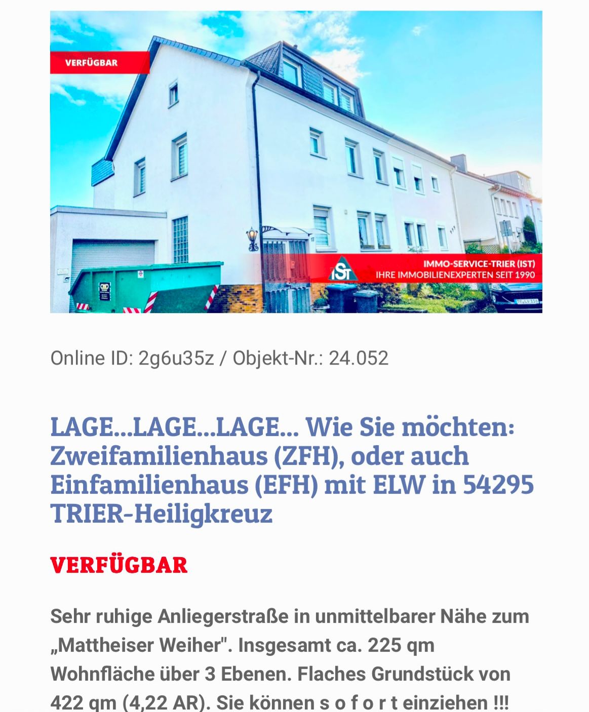 Haus zum Kauf 225 m²<br/>Wohnfläche 422 m²<br/>Grundstück ab sofort<br/>Verfügbarkeit Memelstraße 17 Neu-Heiligkreuz 1 Trier 54295