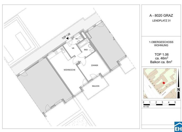 Wohnung zur Miete 493 € 2 Zimmer 46,3 m² 1. Geschoss frei ab sofort Lendplatz Lend Graz 8020