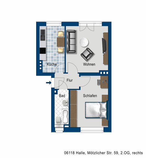 Wohnung zur Miete 425 € 2 Zimmer 47,5 m²<br/>Wohnfläche 2.<br/>Geschoss 29.01.2025<br/>Verfügbarkeit Mötzlicher Str. 59 Gottfried-Keller-Siedlung Halle (Saale) 06118