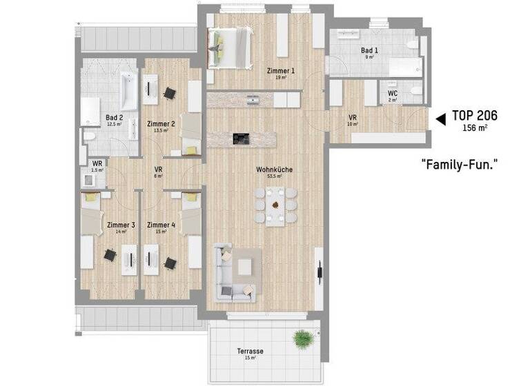 Wohnung zur Miete - Erstbezug 3.201 € 5 Zimmer 155,6 m² 1. Geschoss Lobaugasse 25 Wien 1220