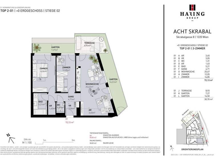 Wohnung zum Kauf - Erstbezug 453.500 € 3 Zimmer 72,1 m² EG Skrabalgasse 8 Wien 1220