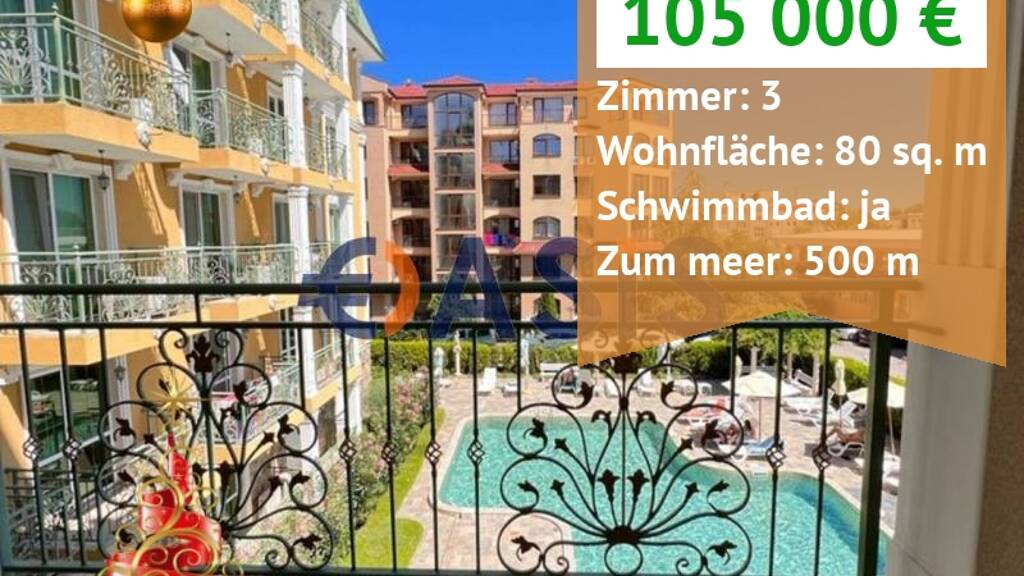 Studio zum Kauf provisionsfrei 105.000 € 3 Zimmer 80 m² 3. Geschoss Pat bez ime 8240 Sunny Beach 8240