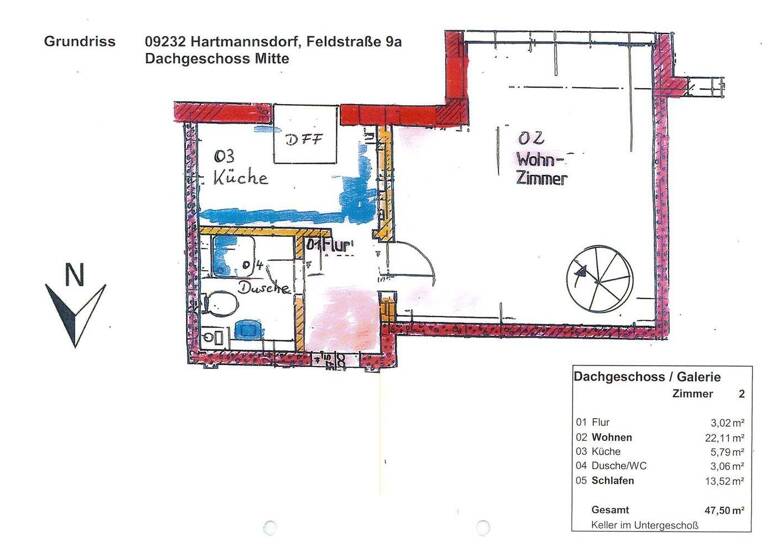 Wohnung zur Miete 300 € 2 Zimmer 47,5 m² 2. Geschoss Feldstr. 9A Hartmannsdorf 09232
