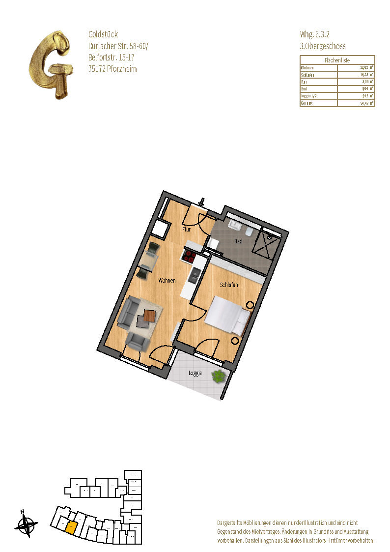 Wohnung zur Miete 970 € 2 Zimmer 54,6 m²<br/>Wohnfläche 3.<br/>Geschoss Weststadt - Stadtviertel 031 Pforzheim 75172