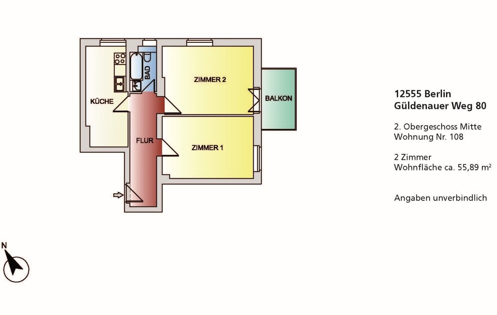 Wohnung zum Kauf 185.000 € 2 Zimmer 55,9 m²<br/>Wohnfläche 2.<br/>Geschoss Güldenauer Weg 80 Köpenick Berlin 12555