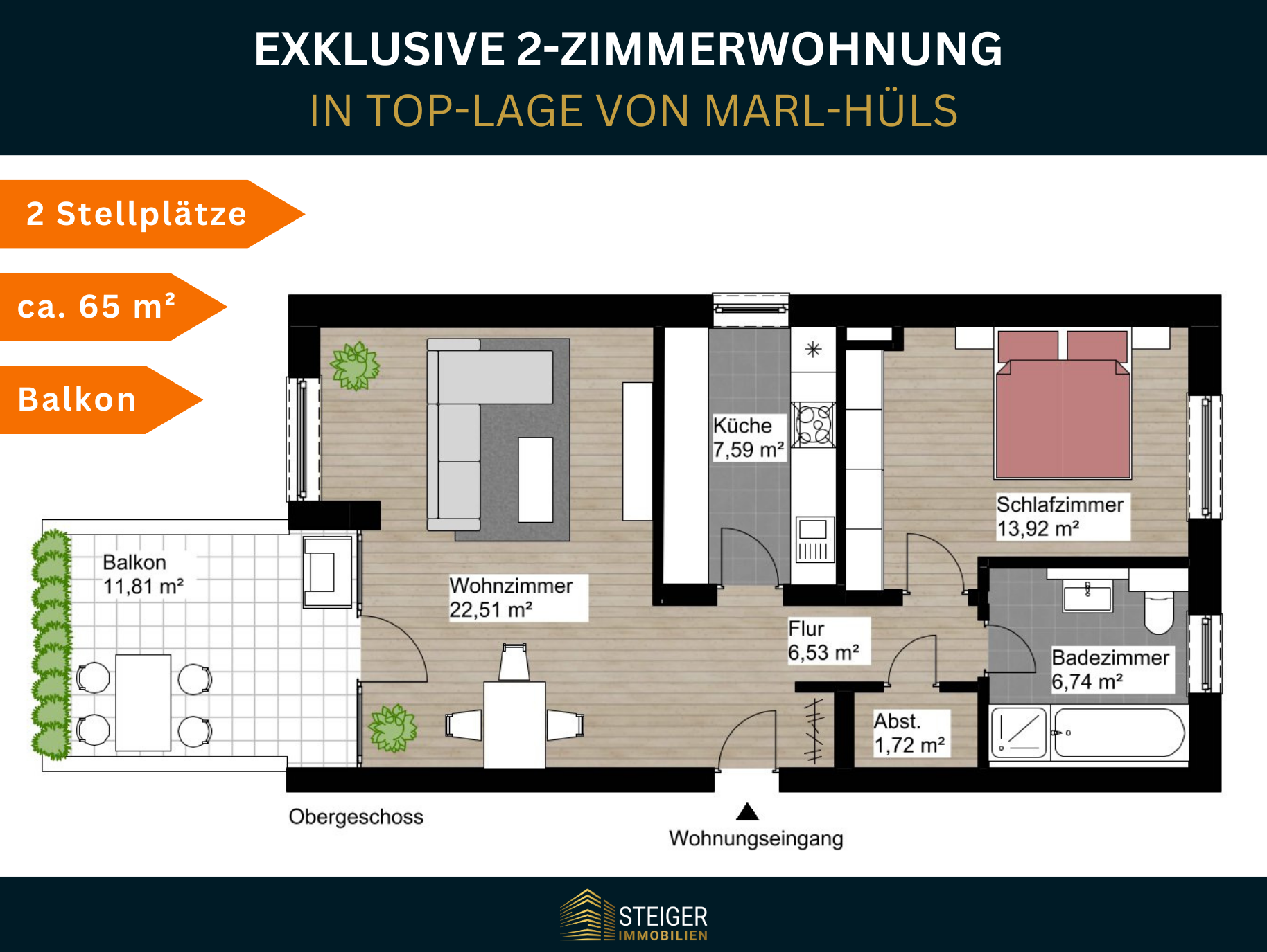 Wohnung zum Kauf 169.000 € 2 Zimmer 65 m²<br/>Wohnfläche 1.<br/>Geschoss Hüls - Nord Marl 45770