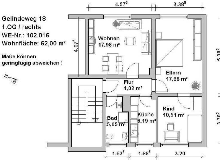 Wohnung zur Miete 799 € 3 Zimmer 62 m² frei ab sofort Gelindeweg 18 Innenstadt Minden 32427