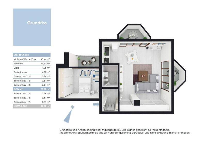 Wohnung zur Miete 1.799 € 2 Zimmer 78,1 m² 1. Geschoss frei ab sofort Bogenhausen München 81925