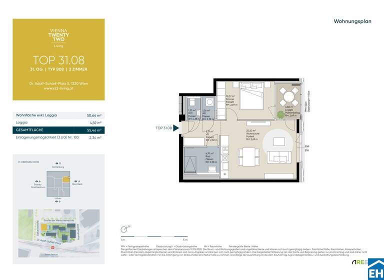 Wohnung zum Kauf - Erstbezug 446.945 € 2 Zimmer 50,6 m² 31. Geschoss Doktor-Adolf-Schärf-Platz Wien 1220