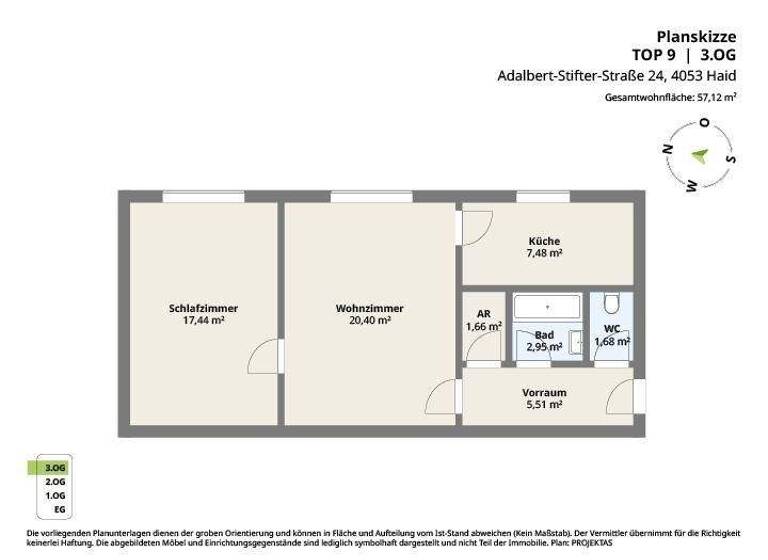Wohnung zur Miete 417 € 2 Zimmer 57,1 m² 3. Geschoss Adalbert-Stifter-Straße Haid 4053