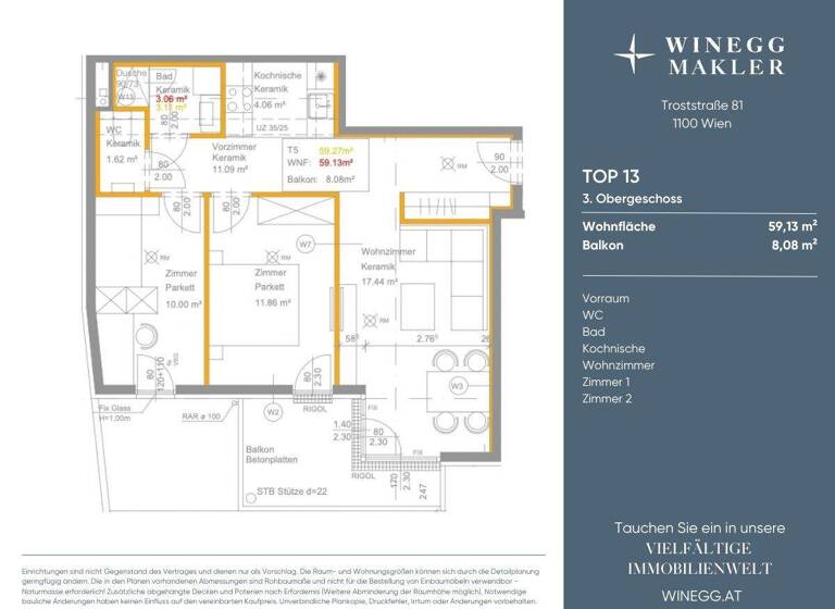 Wohnung zur Miete - Erstbezug 1.066 € 3 Zimmer 59,2 m² 3. Geschoss Troststraße 81 Wien 1100