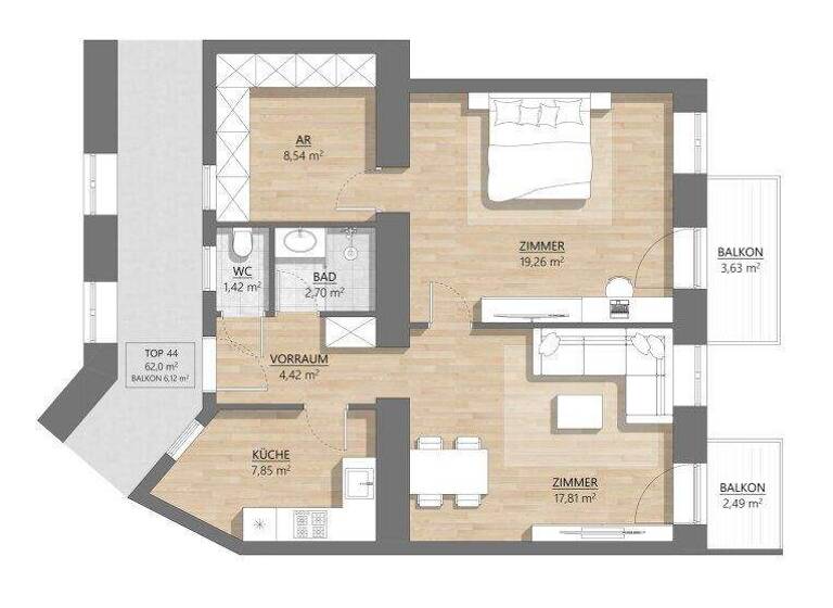 Wohnung zum Kauf 219.000 € 2,5 Zimmer 62 m² 3. Geschoss Pasettistraße Wien 1200