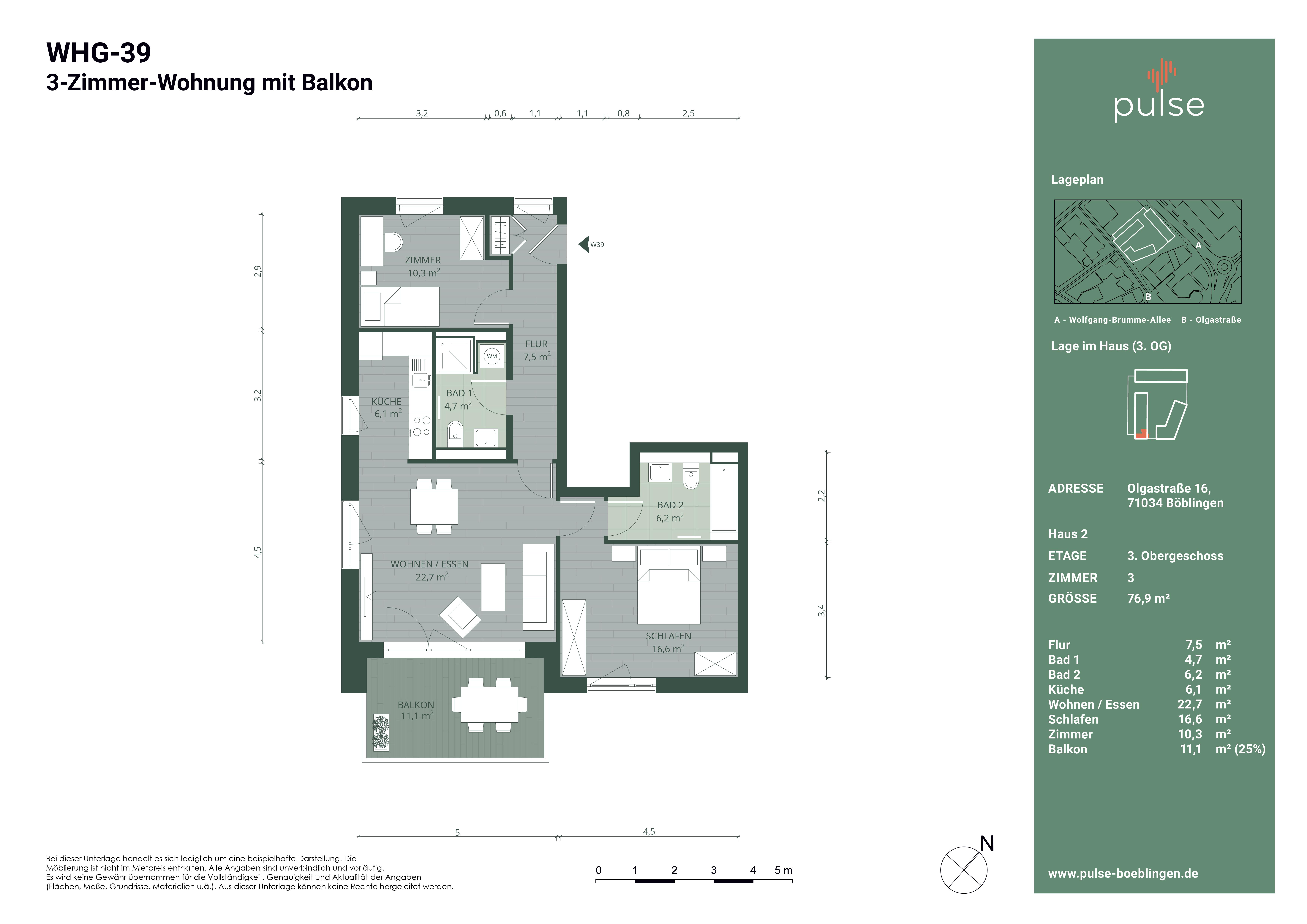 Wohnung zur Miete 1.260 € 3 Zimmer 76,7 m²<br/>Wohnfläche 3.<br/>Geschoss ab sofort<br/>Verfügbarkeit Olgastraße 16 Unterstadt / Galgenberg Böblingen 71034