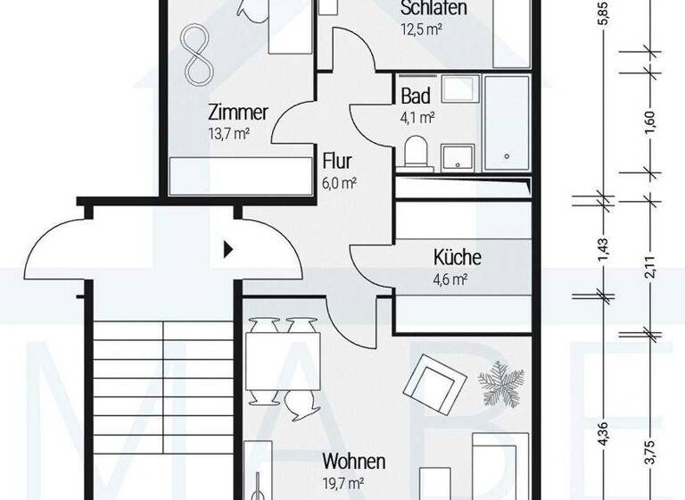 Wohnung zur Miete 300 € 3 Zimmer 61,7 m² 4. Geschoss frei ab sofort Straße des Friedens 10 Cölpin 17094