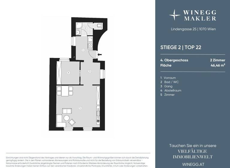 Wohnung zum Kauf 335.000 € 2 Zimmer 46,5 m² 4. Geschoss Lindengasse 25 Wien 1070
