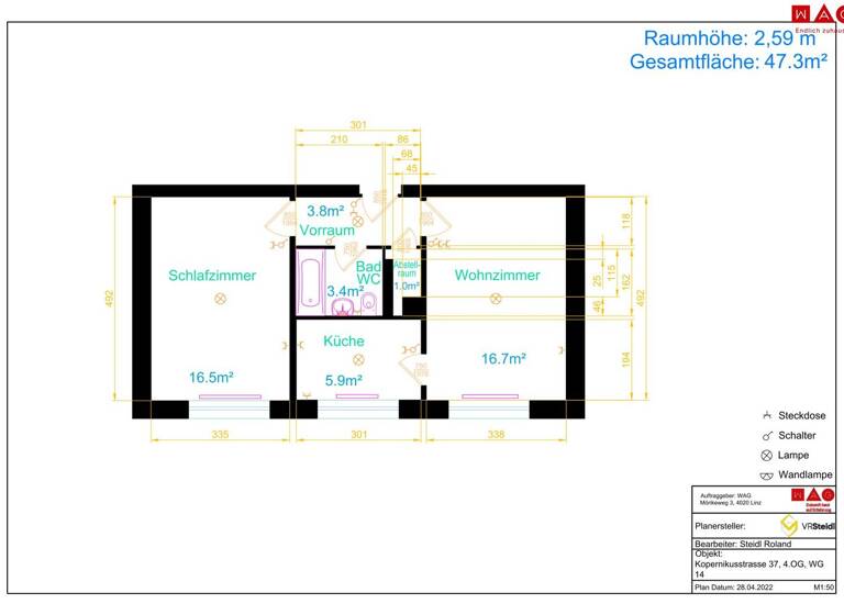 Wohnung zur Miete 417 € 2 Zimmer 46,4 m² frei ab 01.05.2026 Kopernikusstraße 37 Waldegg Linz 4020