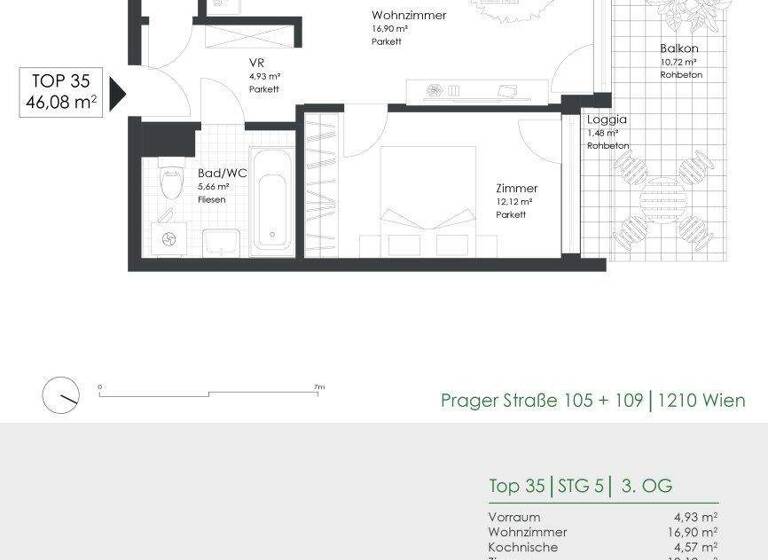 Wohnung zur Miete 754 € 2 Zimmer 46,1 m² 3. Geschoss frei ab 01.04.2026 Prager Straße 105 + 109 Wien 1210