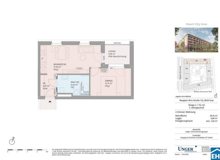 Wohnung zur Miete - Erstbezug 416 € 2 Zimmer 38,6 m² 4. Geschoss Eggenberg Graz 8020