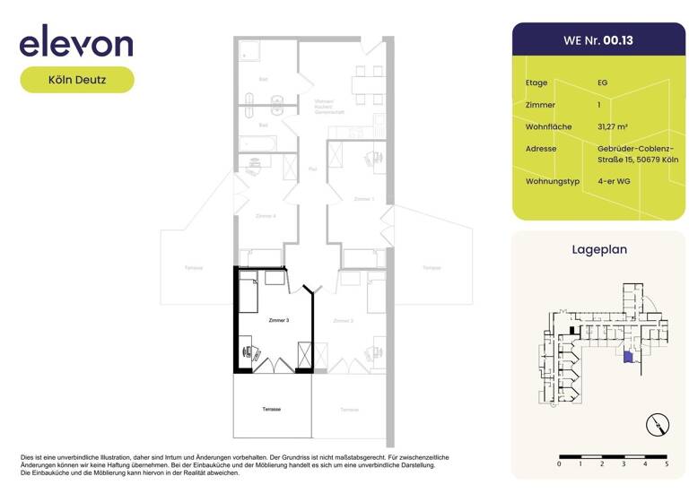 Studio zur Miete 444 € 1 Zimmer 31,3 m² EG Gebrüder-Coblenz-Straße 15 Deutz Köln 50679