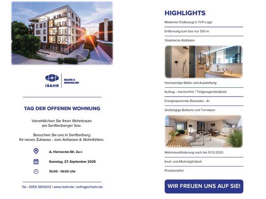 Wohnung zum Kauf - Erstbezug provisionsfrei 297.750 € 2 Zimmer 75 m² 1. Geschoss Adolf-Hennecke-Straße 2a Senftenberg 01968