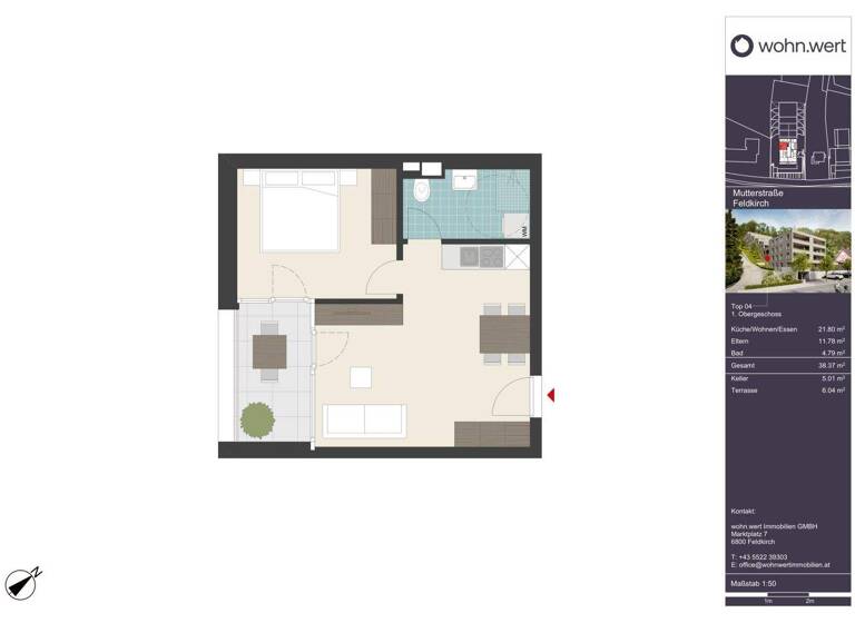 Terrassenwohnung zum Kauf - Erstbezug 295.000 € 2 Zimmer 38,4 m² 1. Geschoss frei ab 01.07.2026 Mutterstraße 11 Feldkirch 6800