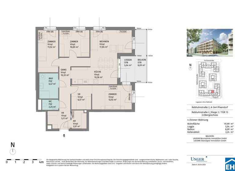 Wohnung zur Miete - Erstbezug 991 € 4 Zimmer 98 m² 2. Geschoss Rebhuhnstraße Pixendorf 3451