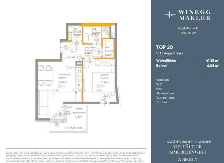 Wohnung zur Miete - Erstbezug 789 € 2 Zimmer 41,6 m² 5. Geschoss Troststraße 81 Wien 1100