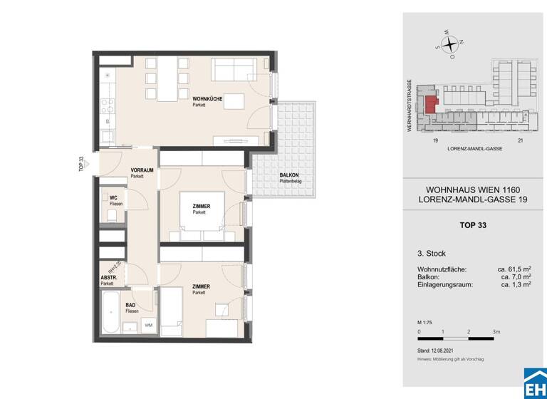 Wohnung zur Miete 1.161 € 3 Zimmer 61,5 m² 3. Geschoss Lorenz-Mandl-Gasse Wien 1160