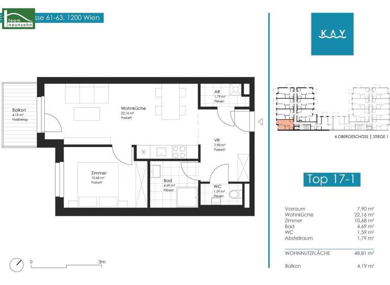 Wohnung zur Miete 781 € 2 Zimmer 48,8 m² 4. Geschoss frei ab 01.03.2026 Engerthstraße 61-63 Wien 1200