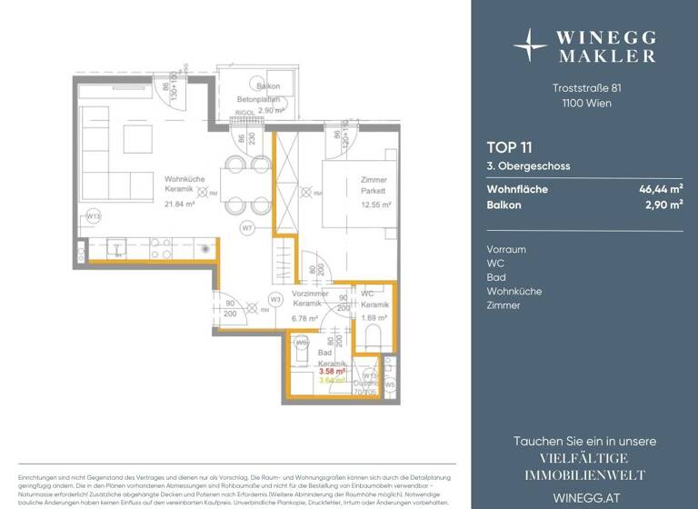 Wohnung zur Miete - Erstbezug 836 € 2 Zimmer 46,4 m² 3. Geschoss Troststraße 81 Wien 1100